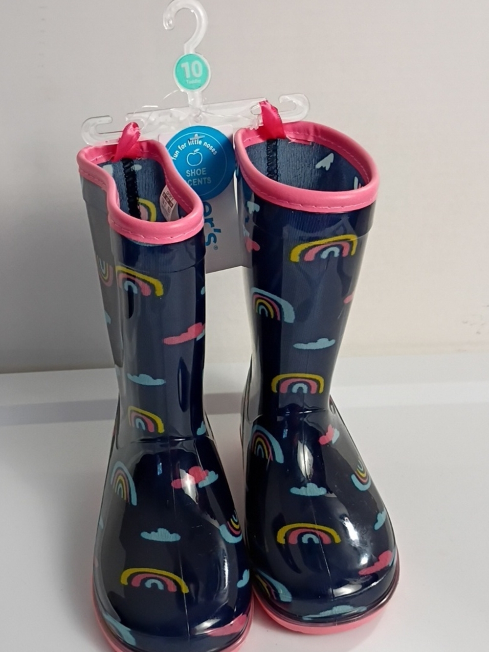CARTER'S Navy Blue Rain Boots with Pink Trim and Rainbow Print SIZE 10 Toddler